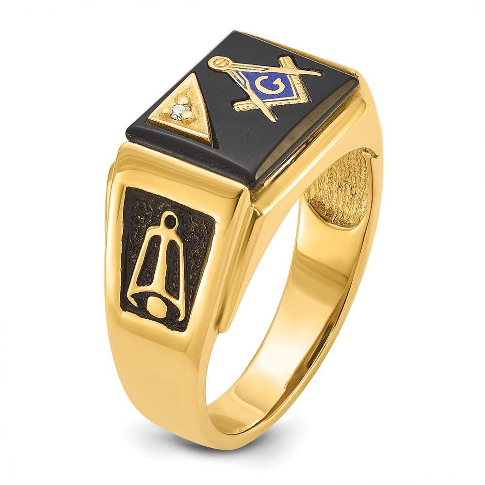Exclusive 14K Men's Masonic Ring: Polished Black Enamel, Onyx & Diamonds