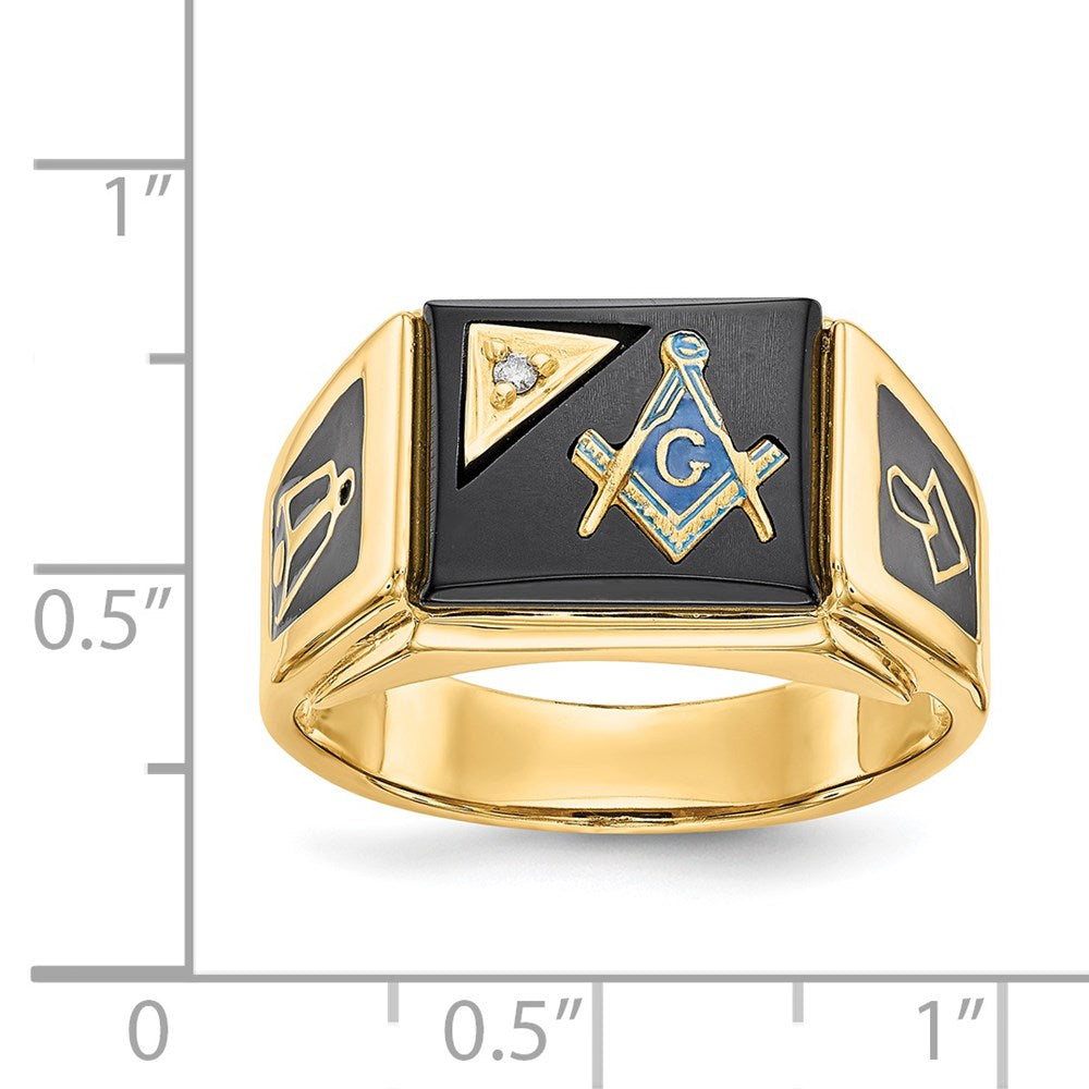 Exclusive 14K Men's Masonic Ring: Polished Black Enamel, Onyx & Diamonds