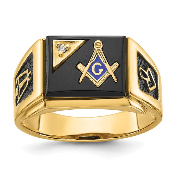 14K Men's Masonic Ring: Polished Black Enamel, Onyx Diamonds
