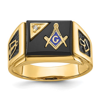 Exclusive 14K Men's Masonic Ring: Polished Black Enamel, Onyx & Diamonds