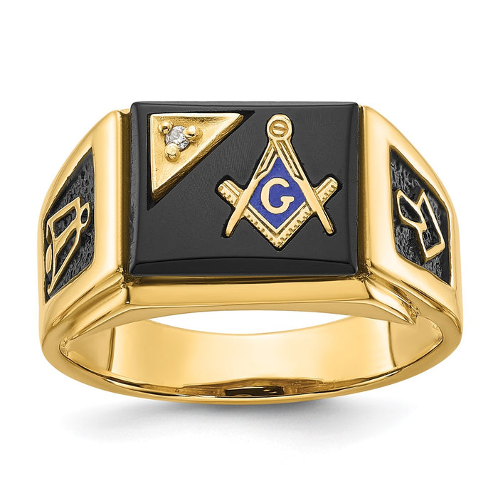 Exclusive 14K Men's Masonic Ring: Polished Black Enamel, Onyx & Diamonds-1