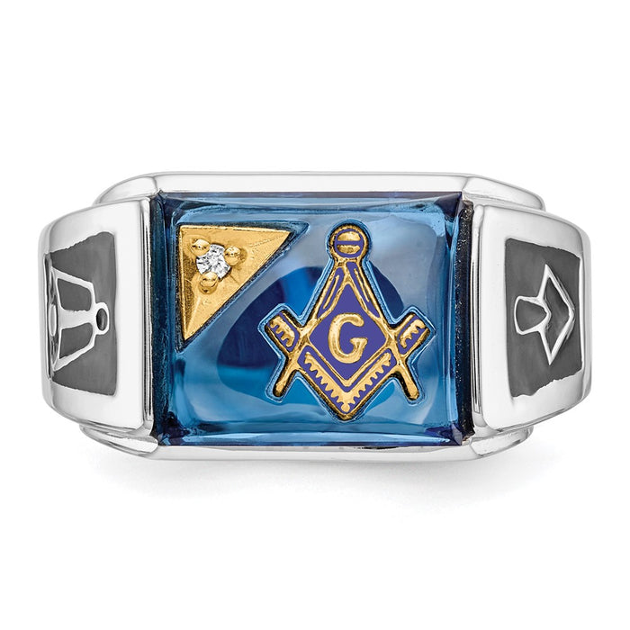 Shop Stylish Men's 14K White Gold Masonic Ring - 0.10 Ct Diamond & Blue Spinel-4
