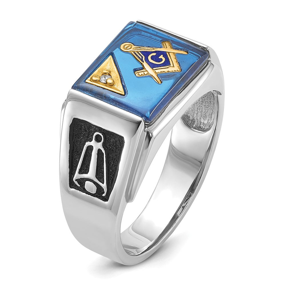 Shop Stylish Men's 14K White Gold Masonic Ring - 0.10 Ct Diamond & Blue Spinel