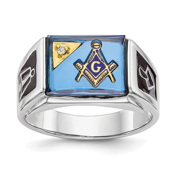 Men's 14K White Gold Masonic Ring with Diamonds & Blue Spinel