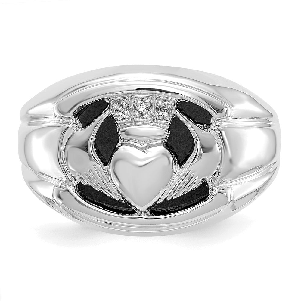 High-Quality Men's Claddagh Ring in 14K White Gold with AA Diamonds & Onyx