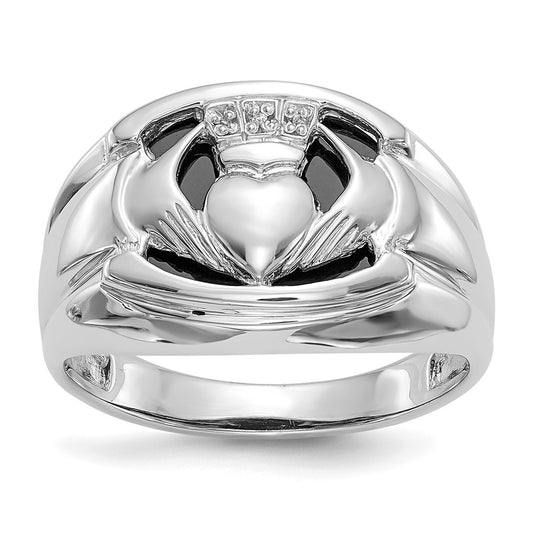 High-Quality Men's Claddagh Ring in 14K White Gold with AA Diamonds & Onyx