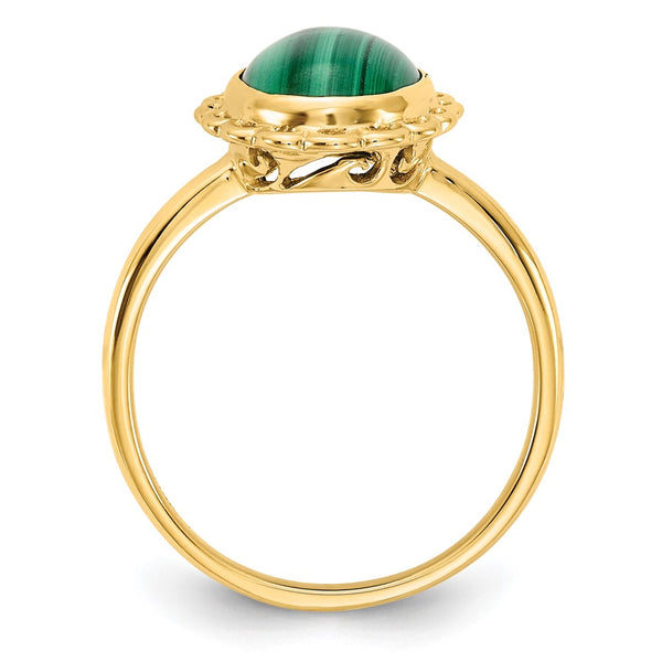 14K Gold Malachite Cabochon Ring - 10x8mm