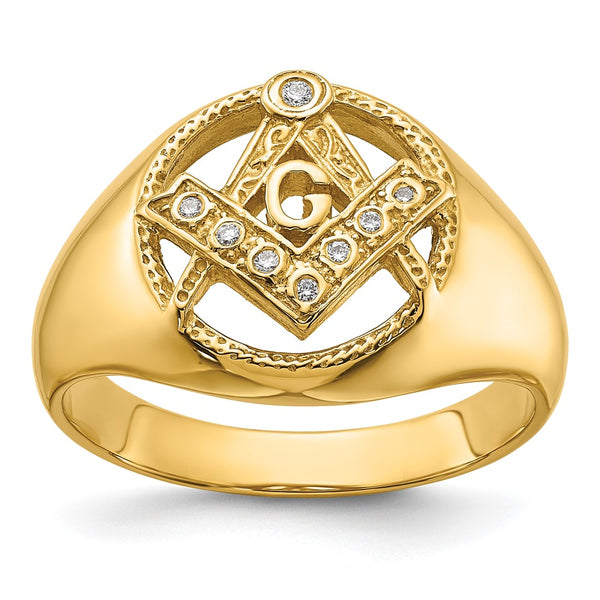 14K Men's Polished & Textured Masonic Ring with AA Quality Diamonds