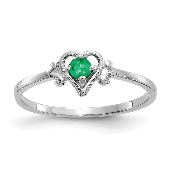 14K White Gold Heart Ring with Emerald Birthstone