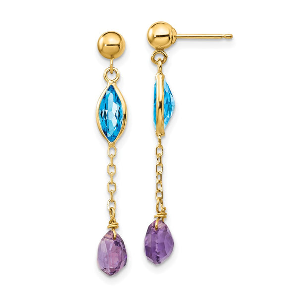 14K Gold Amethyst & Blue Topaz Stud Earrings