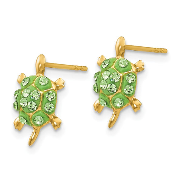 14K Gold Turtle Stud Earrings with Light Green Crystals