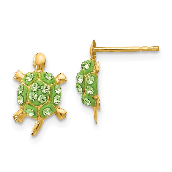 14K Gold Turtle Stud Earrings with Light Green Crystals