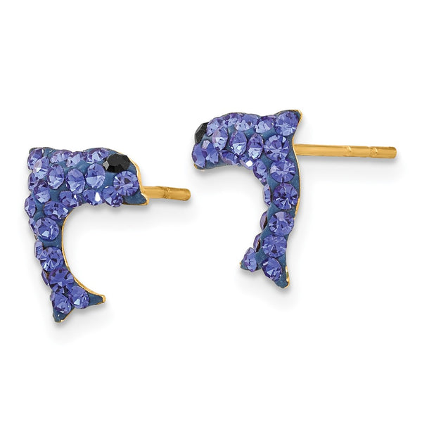 14K Gold Crystal Blue Dolphin Stud Earrings