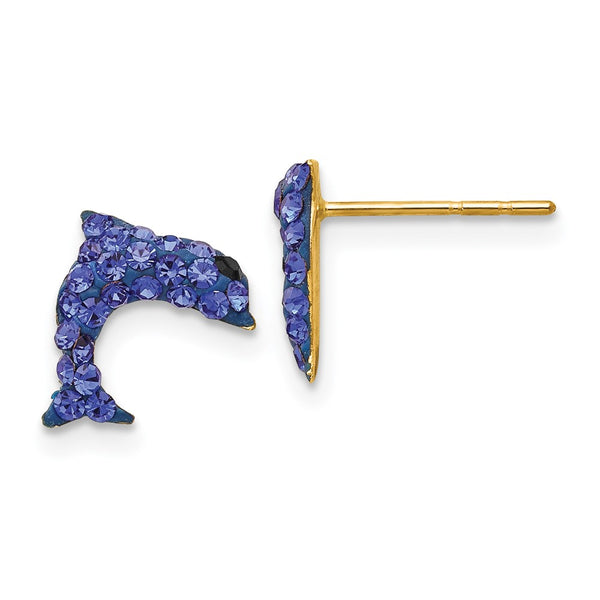 14K Gold Crystal Blue Dolphin Stud Earrings