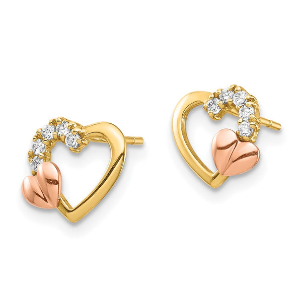 14K Two-Tone Heart CZ Stud Earrings