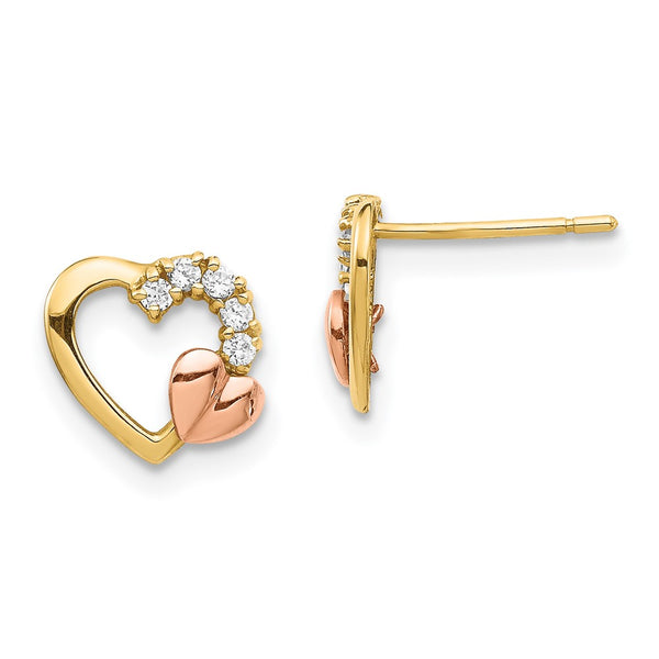 14K Two-Tone Heart CZ Stud Earrings