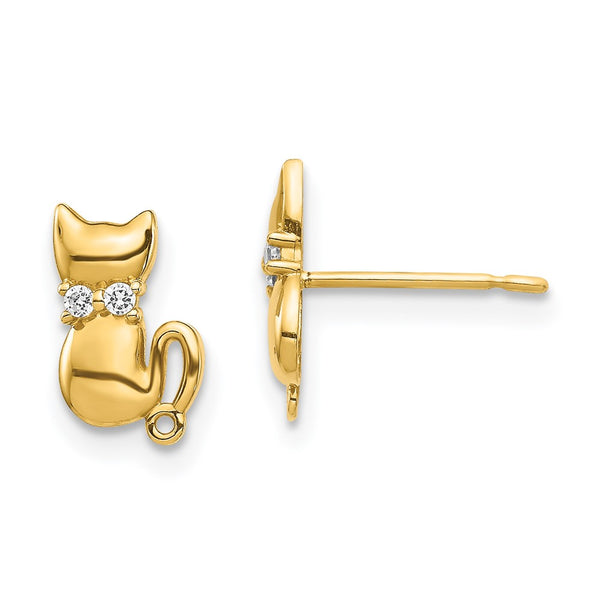 14K Gold Cat Bowtie Stud Earrings - CZ Accents