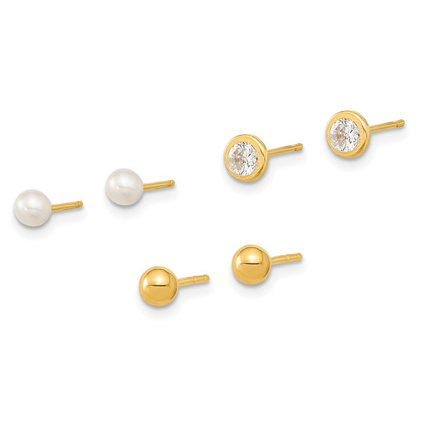 14K Gold Ball Post Earrings Set with Pearl & CZ Accents - 3 Pairs