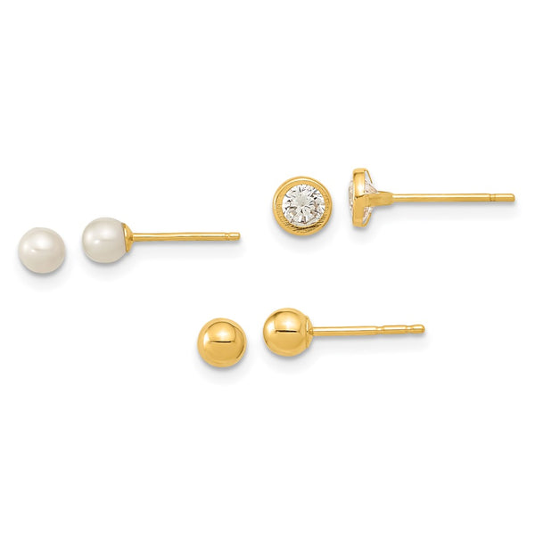 14K Gold Ball Post Earrings Set with Pearl & CZ Accents - 3 Pairs