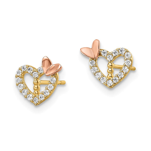 14K Two-Tone Heart & Butterfly CZ Stud Earrings