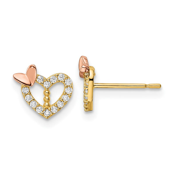 14K Two-Tone Heart & Butterfly CZ Stud Earrings