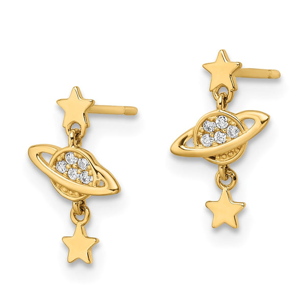 14k Gold CZ Saturn & Star Dangle Earrings