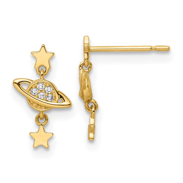 14k Gold CZ Saturn & Star Dangle Earrings
