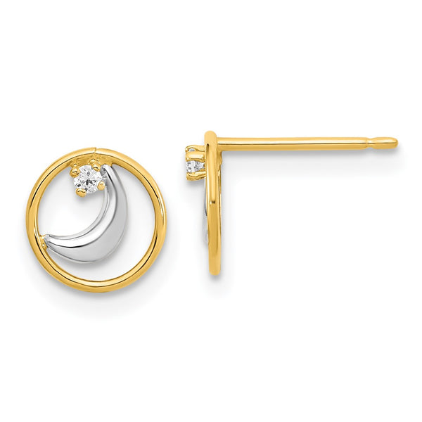14K Gold CZ Half Moon Open Circle Earrings - 0.85mm