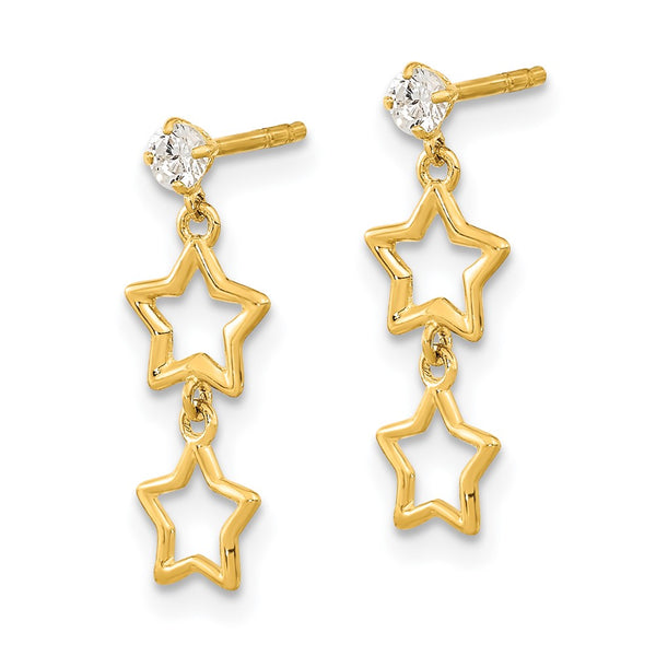 14K Gold Polished CZ Star Dangle Earrings