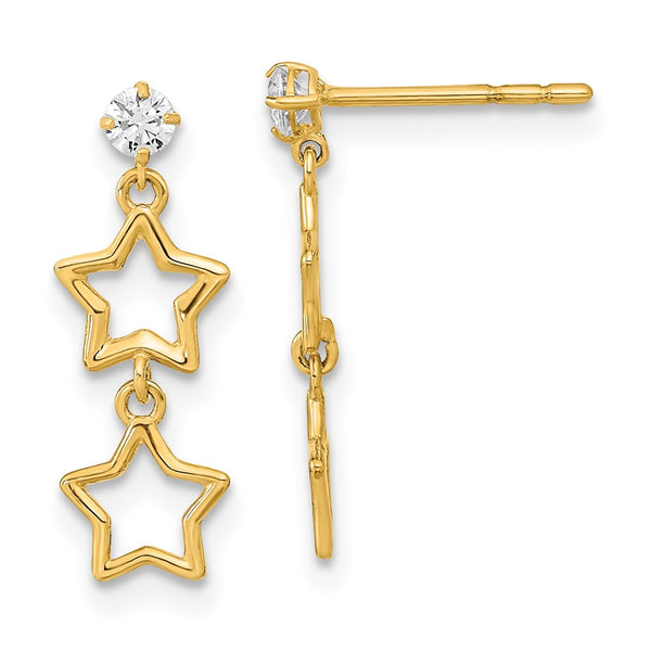 14K Gold Polished CZ Star Dangle Earrings