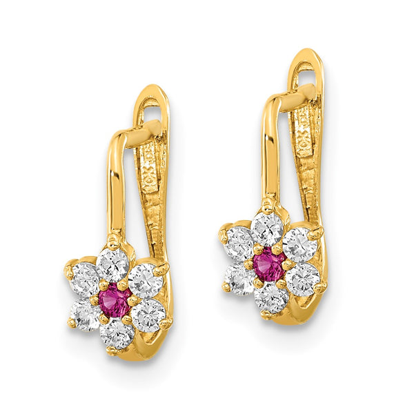 14K Gold Floral Hoop Earrings with Red & White Cubic Zirconia