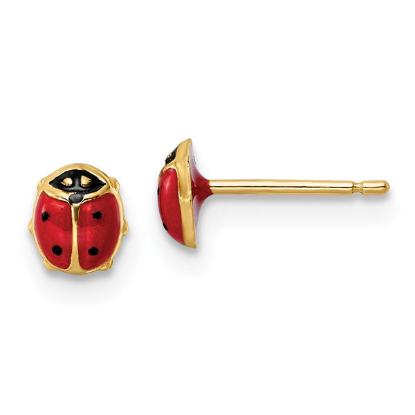 14K Gold Polished Enamel Small Ladybug Stud Earrings
