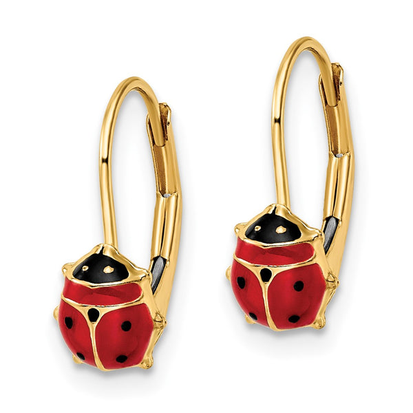 14K Gold Polished Enamel Ladybug Leverback Earrings