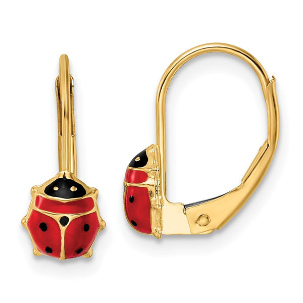 14K Gold Polished Enamel Ladybug Leverback Earrings