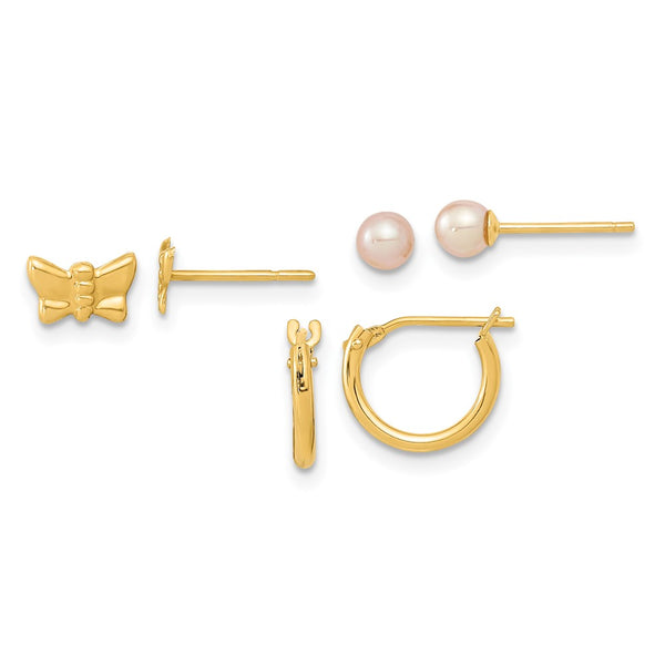 14K Gold Butterfly & Freshwater Pearl Hoop Earrings Set - 3 Pairs