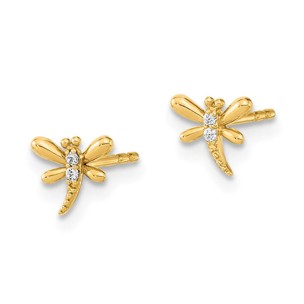 14K Gold Polished Dragonfly Earrings with CZ Studs