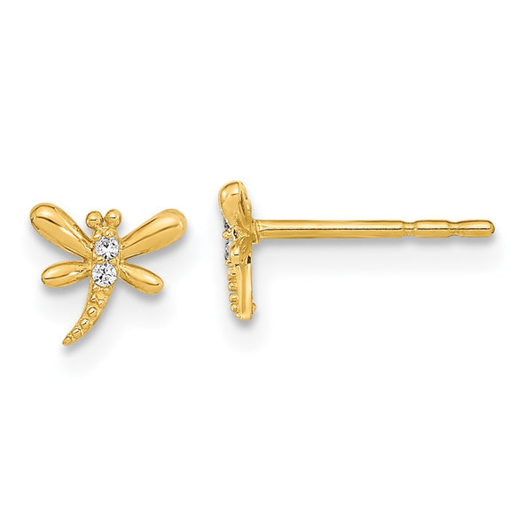 14K Gold Polished Dragonfly Earrings with CZ Studs