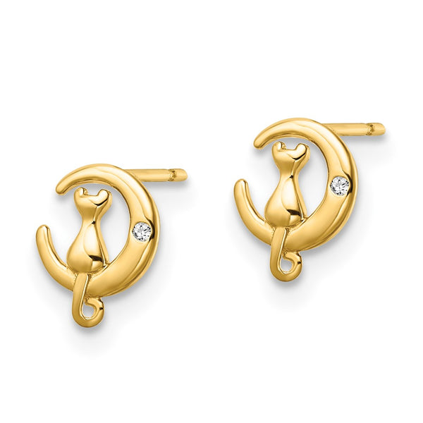 14K Gold Cat on the Moon CZ Stud Earrings