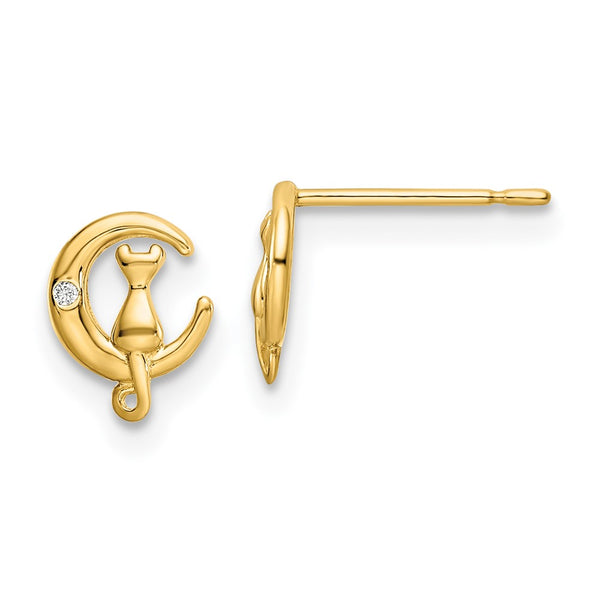 14K Gold Cat on the Moon CZ Stud Earrings