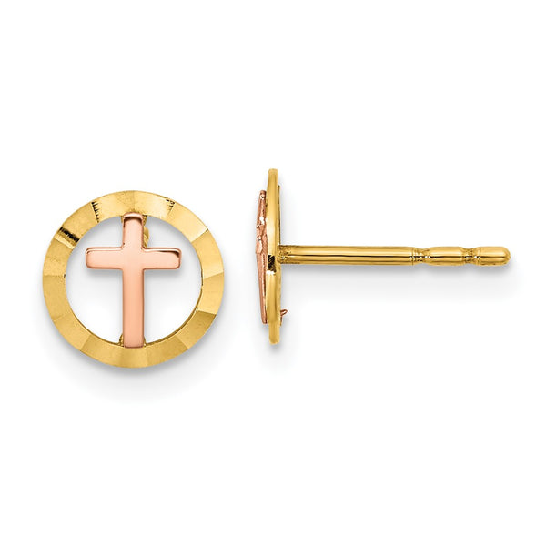 14K Two-Tone Circle Cross Post Earrings