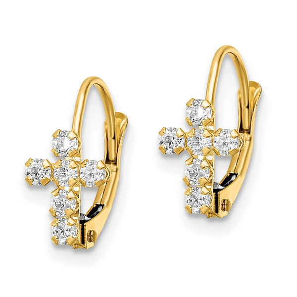 14K Gold Polished Leverback Cross Earrings with CZ Accents