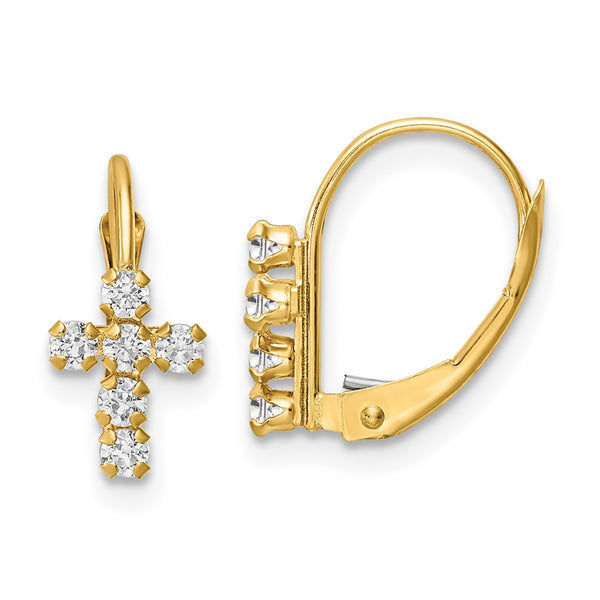 14K Gold Polished Leverback Cross Earrings with CZ Accents