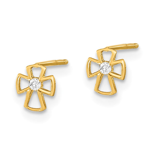 14K Gold Ball Post Cross & CZ Earrings Set - 3 Pairs