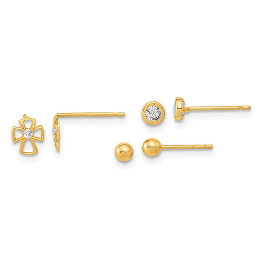 Buy Stylish 14K Gold Ball Post Cross & CZ Earrings Set - 3 Pairs, Affordable!