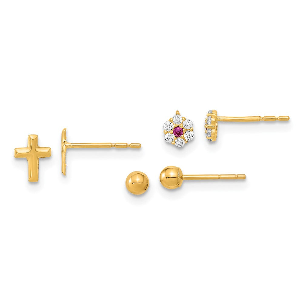 Shop Stylish 14K Gold Earring Set: 3-Pair Ball, CZ Flower, Cross Designs