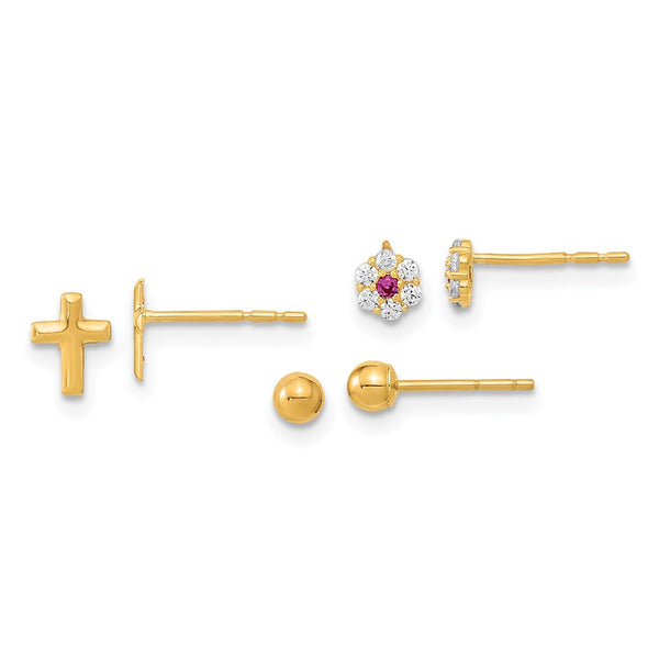 14K Gold Earring Set: 3-Pair Ball, CZ Flower, Cross Designs