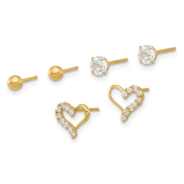 14K Gold Polished CZ Ball & Heart Stud Earrings Set