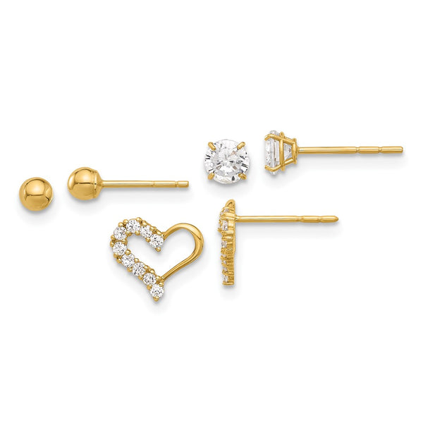 14K Gold Polished CZ Ball & Heart Stud Earrings Set