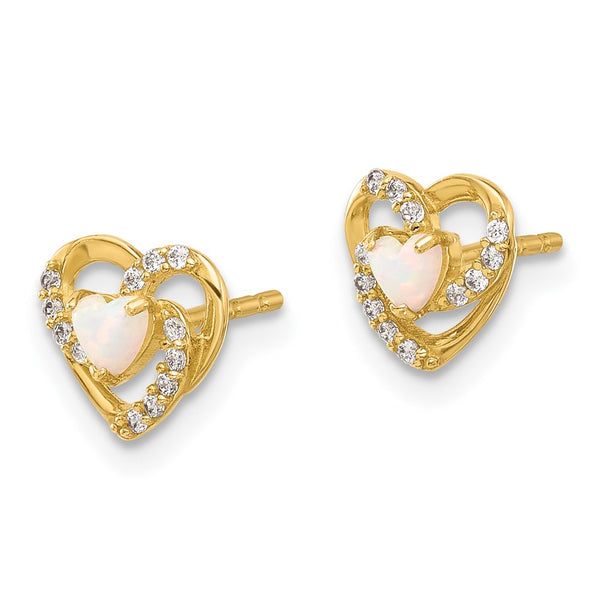 14K Gold Heart-Shaped Earrings with CZ & Created Opal