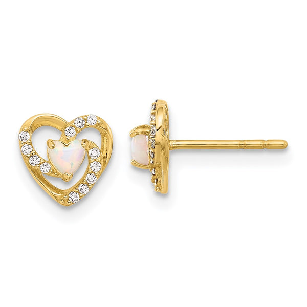 14K Gold Heart-Shaped Earrings with CZ & Created Opal